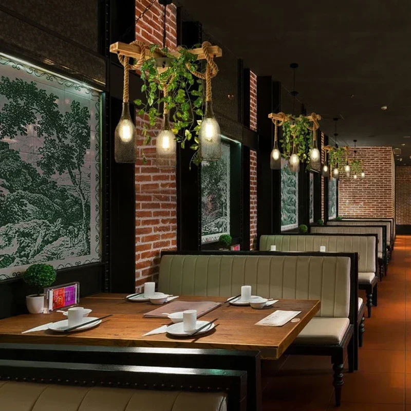 Retro Industrial Style Twine Chandelier Coffee Shop Green Plant Creative Personality Barbecue Restaurant