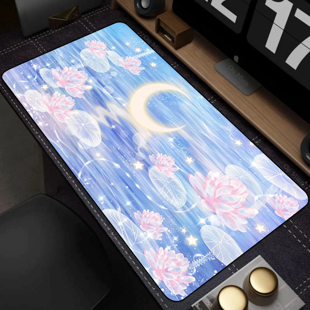 

Большой игровой коврик для мыши Kawaii Kawaii с рисунком Луны и звезды, настольный коврик XXL, фиолетовый, 90x40 см, настольный ковер, нескользящие аксессуары для ноутбука, стола