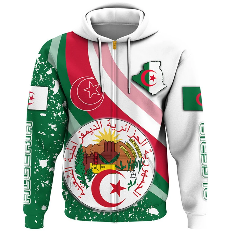 Algeria Flag Map Graphic Sweatshirts DZ Algerian National Emblem Zip Up Hoodie For Men Clothes Casual Male Sports Kids Pullovers