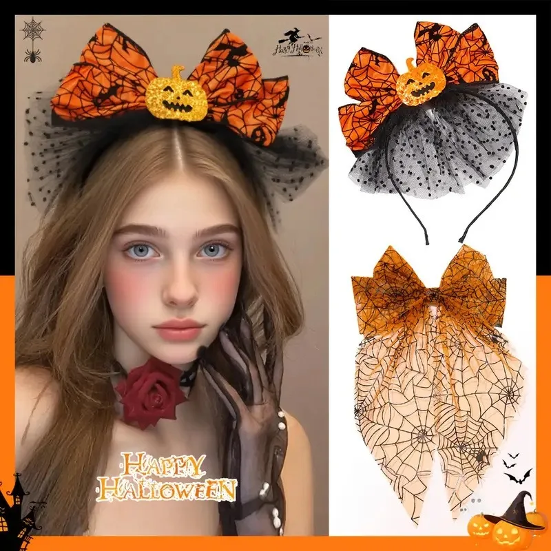 Orange Pumpkin Ghost Headband Tulle Spider Web Bow Spring Clip Halloween Dress Up Photo Props Halloween Cosplay Accessories