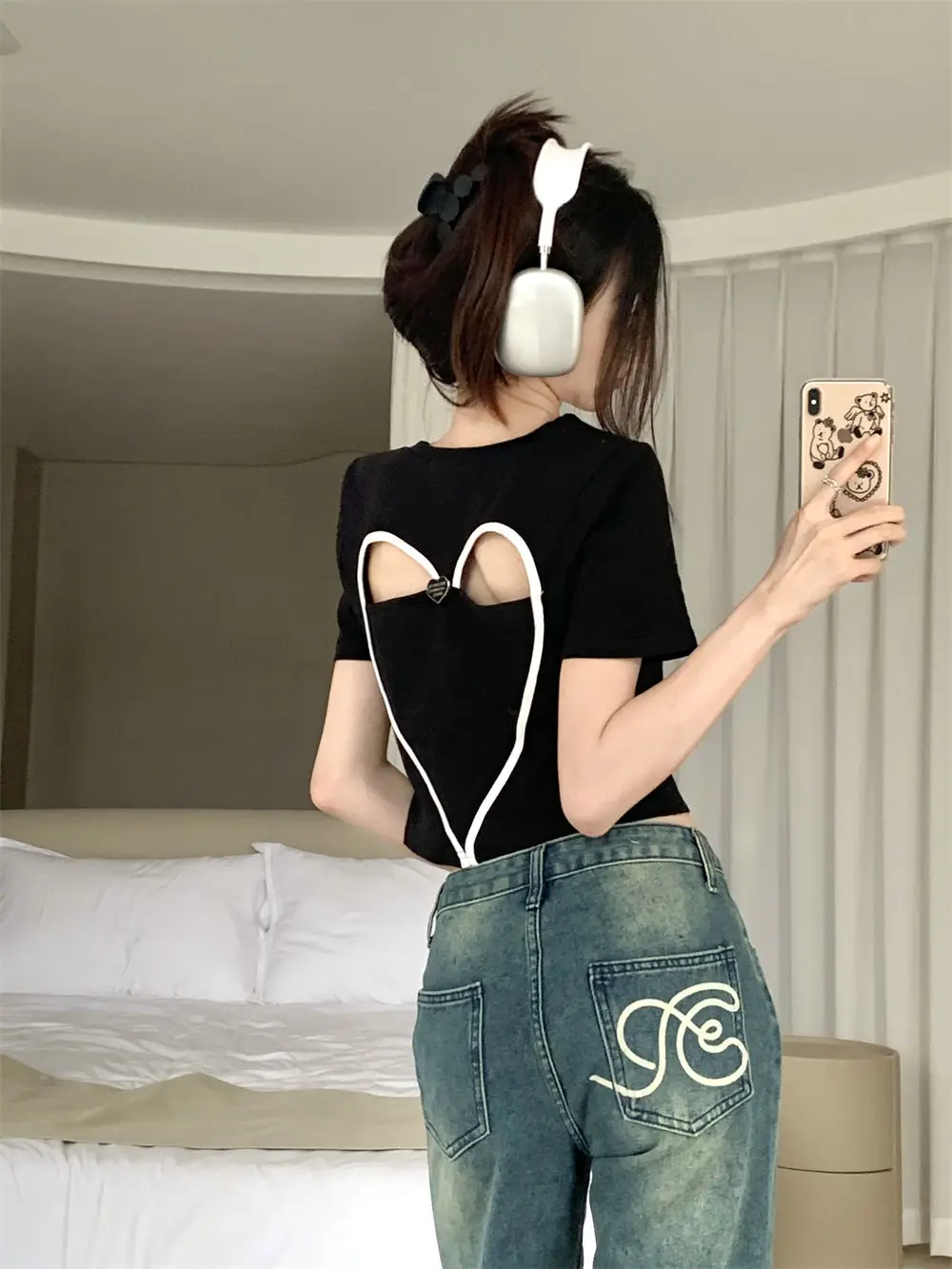 Heart Hollowed Out Print Slim Short Sleeve T Shirt for Women Vintage Y2k Clothes Crop Tops Korean Fashion Camisetas 2023