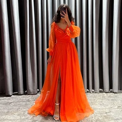 Elegant Orange Evening Dresses 2023 V Neck Long Sleeves Party Gowns Beads Pleat Prom Gowns Front Slit Sweep Train فساتين السهرة