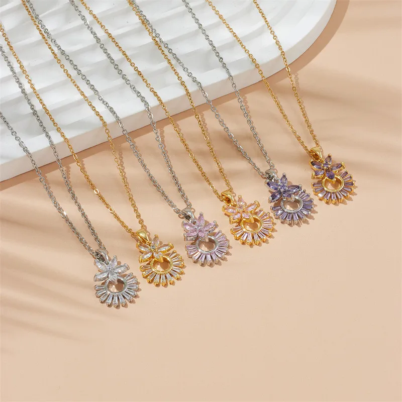 High Grade Zircon Flower Pendant Necklace Stainless Steel Fashion Plant Choker Jewelry Party Gifts For Women Girls