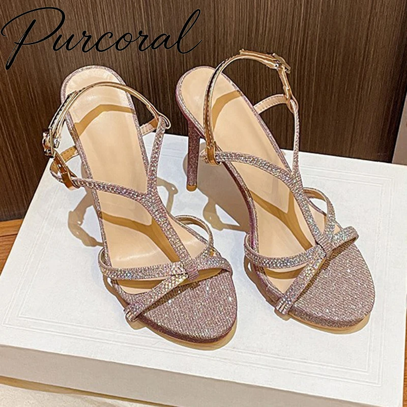 Purcoral 2026 New Women's Glitter Pink Rhinestone Platform Sandals Open Toe Thin Heel Buckle Strap Heeled Shoes for Prom