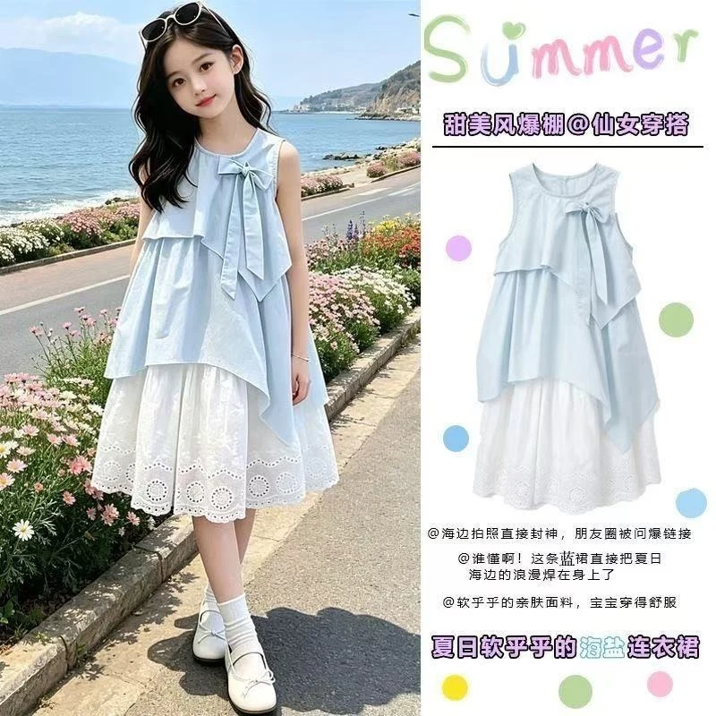 Girls' Sleeveless Dress 2026 Summer New Teenage Girls' Layered Bow Vest Skirt Jacquard Princess Dress Kids Clothing