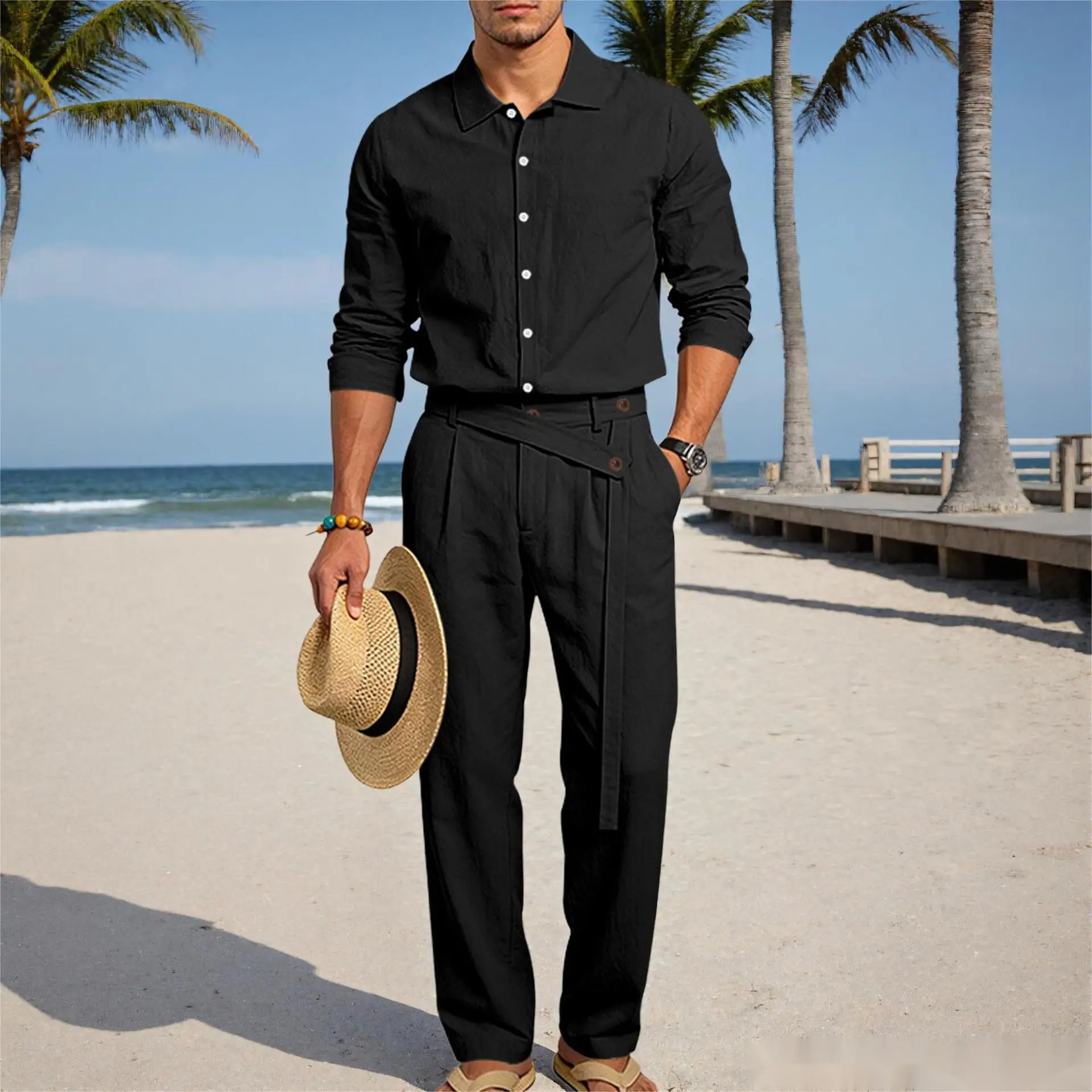 Europäisch-Amerikanisches Herren-Leinen-Freizeitset: Hemd mit Umlegekragen und Hose mit hohem Bund und Gürtel – Locker, atmungsaktiv, für Urlaub und Strand – Detail 19
