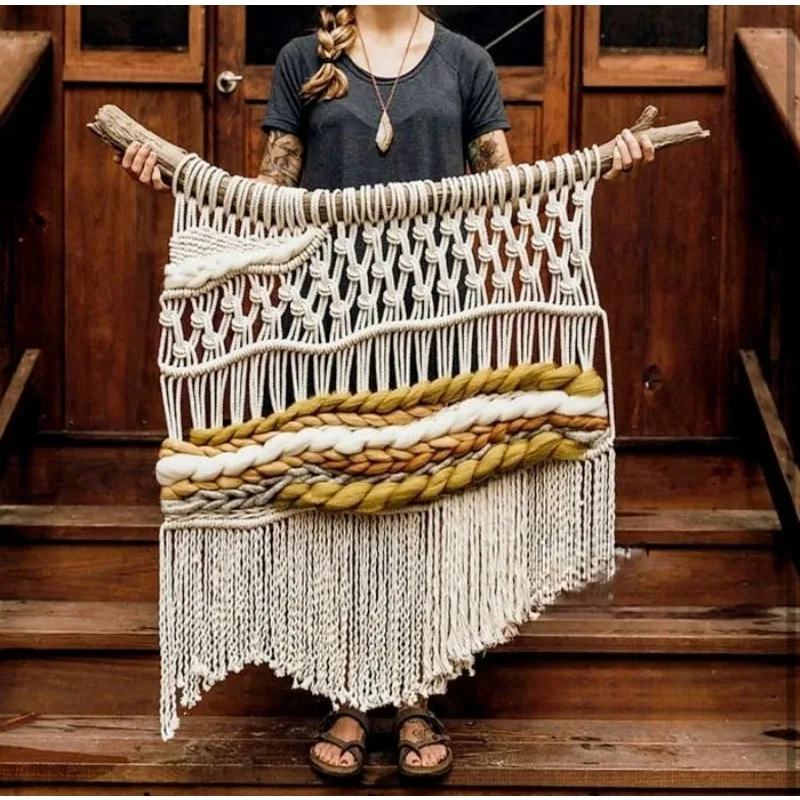 Boho Macrame Wall Hanging, Handmade Bohemian Tapestry with Icelandic Wool, Nordic Moroccan Decor for Home & B&B