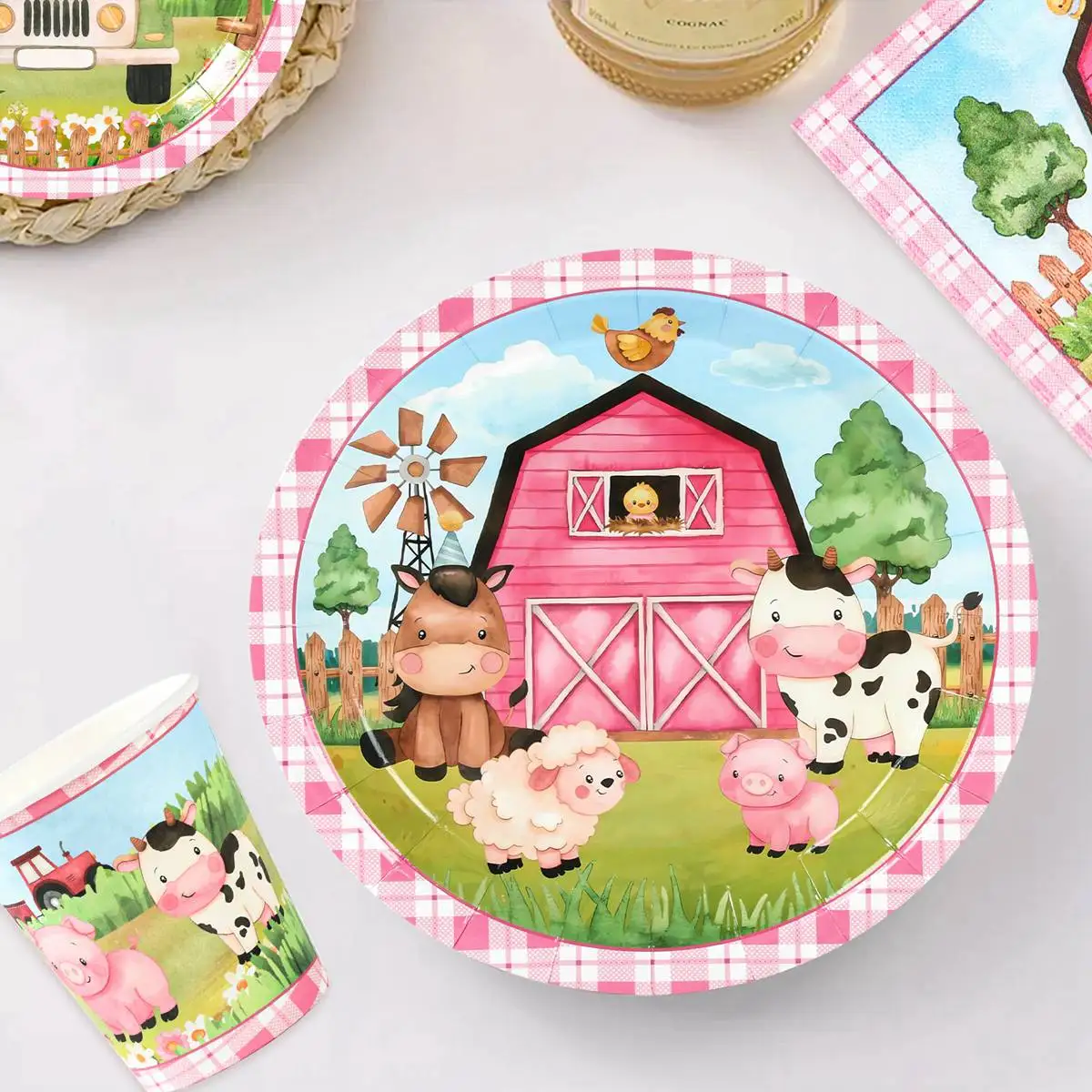 Pink Farm Party Birthday Decorations Disposable Tableware Paper Plates Cups Napkin Baby Shower Kids Girls Birthday Party Decor