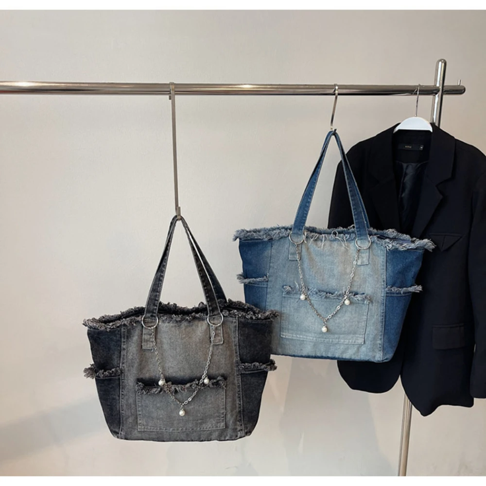 Women Washed Denim Tote Bag Frayed Raw Edge Large Capacity Shoulder Handbag Multi‑Pocket Design Pearl Chain Casual Daily Handbag