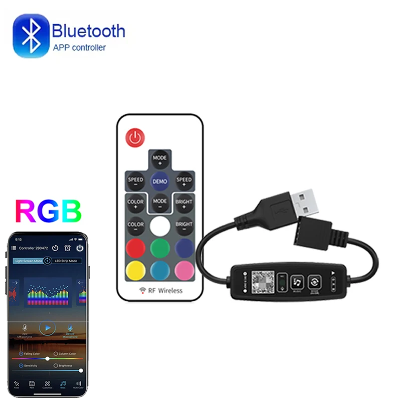 5V 4Pin Bluetooth RGB Controller ZENGGE APP Control Music Sync 17Key Remote Led Lights Controller For 5050 RGB LED Strip