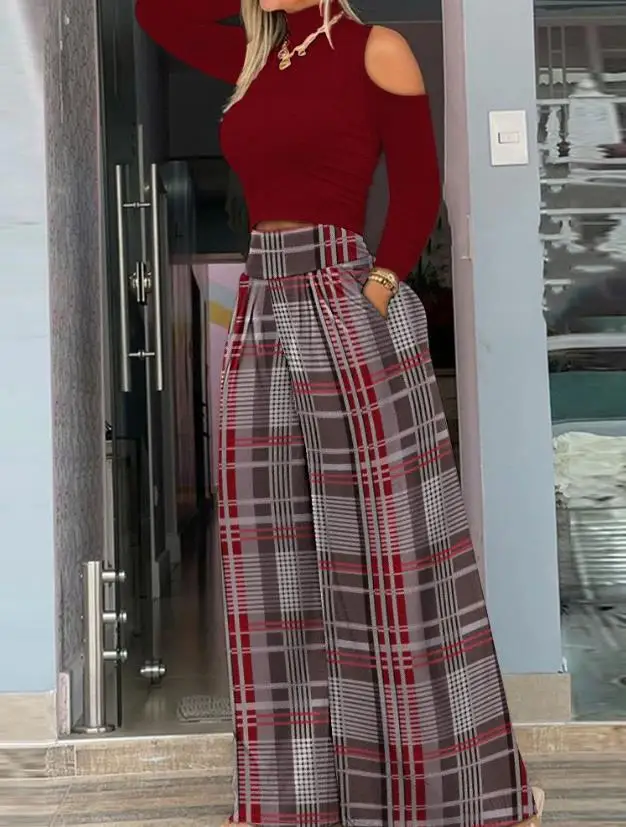 Two Piece Set Women Outfit 2023 Spring Fashion Cold Shoulder Long Sleeve Top & Plaid Print Pocket High Waist Wide Leg Pants Set