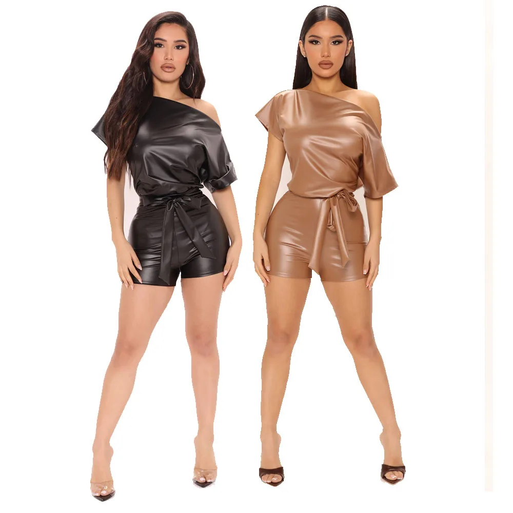 

Womens Pu Leather Rompers Summer New Fashion Diagonal Shoulder Conjoined Shorts with Belt Jumpsuit Women