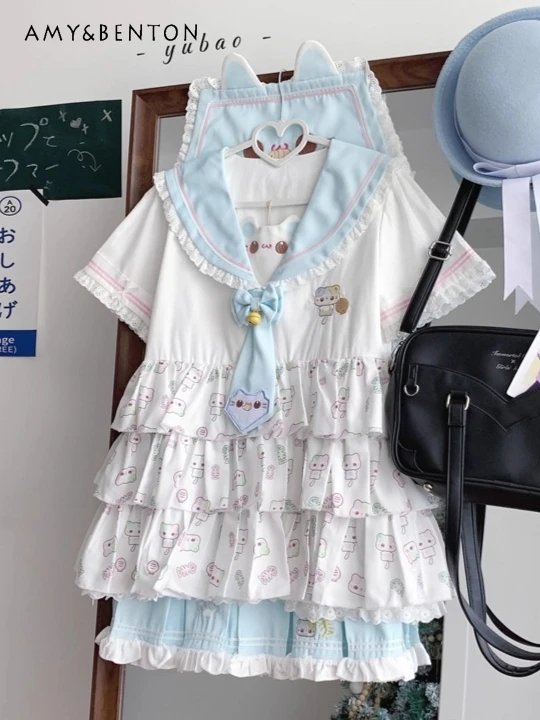 

Original Lolita Kawaii Cartoon Print Sets Sweet Cute Navy Collar Short Sleeve Shirt Pleated Skirt Two Piece Sets Womens Outifits