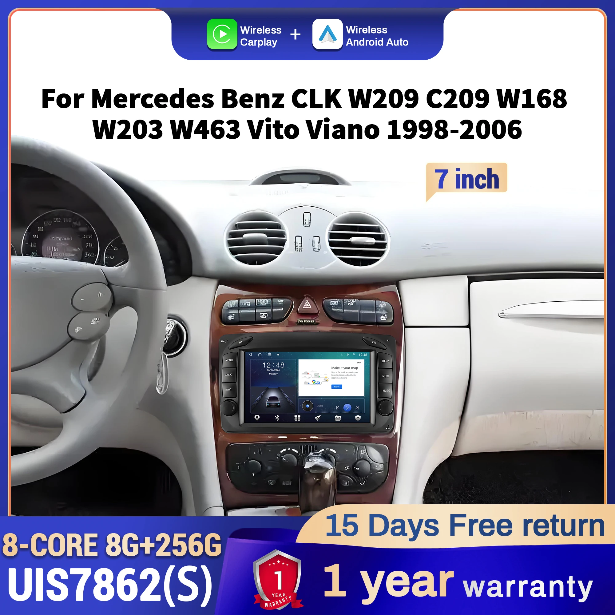 7 inch Car Radio For Mercedes Benz CLK W209 C209 W168 W203 W463 Vito Viano 1998 1999 2000-2006 Multimedia CarPlay Touch Screen