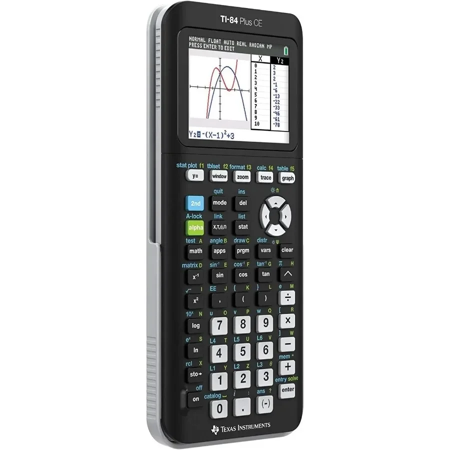 آلة حاسبة الرسوم البيانية Texas Instruments TI84 Plus CE باللون الأسود مع تطبيقات مدمجة بشاشة ملونة متضمنة اختبار البرامج