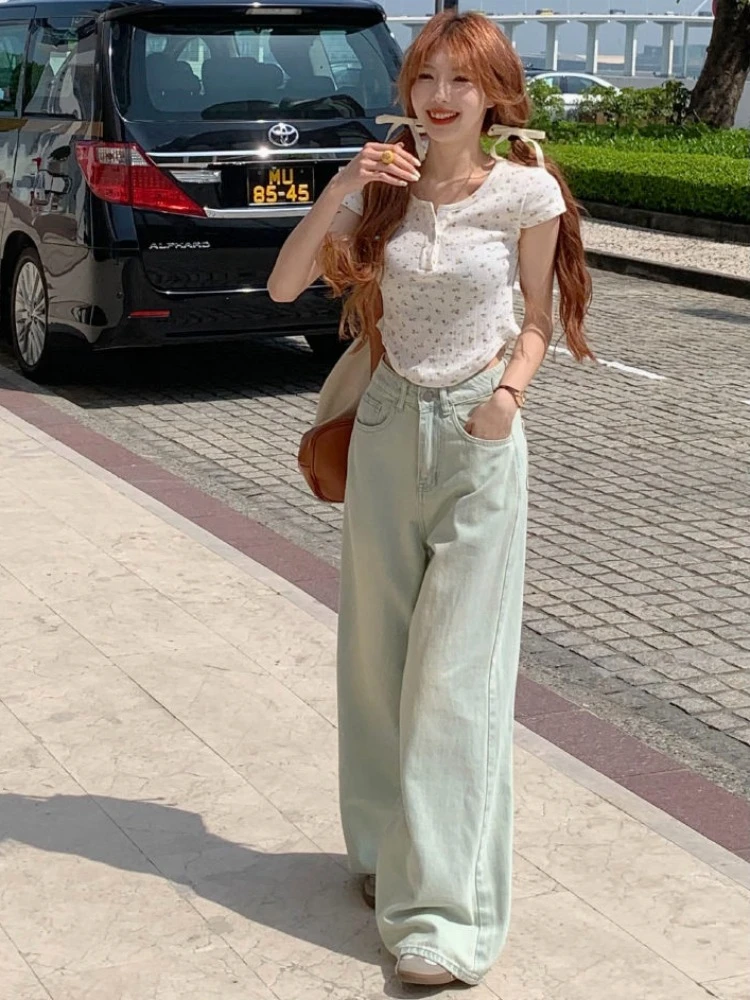 Long Jeans Women New Summer Vintage Bleached Design Loose Wide-leg Trousers Ulzzang Street Style Basic College Harajuku Popular