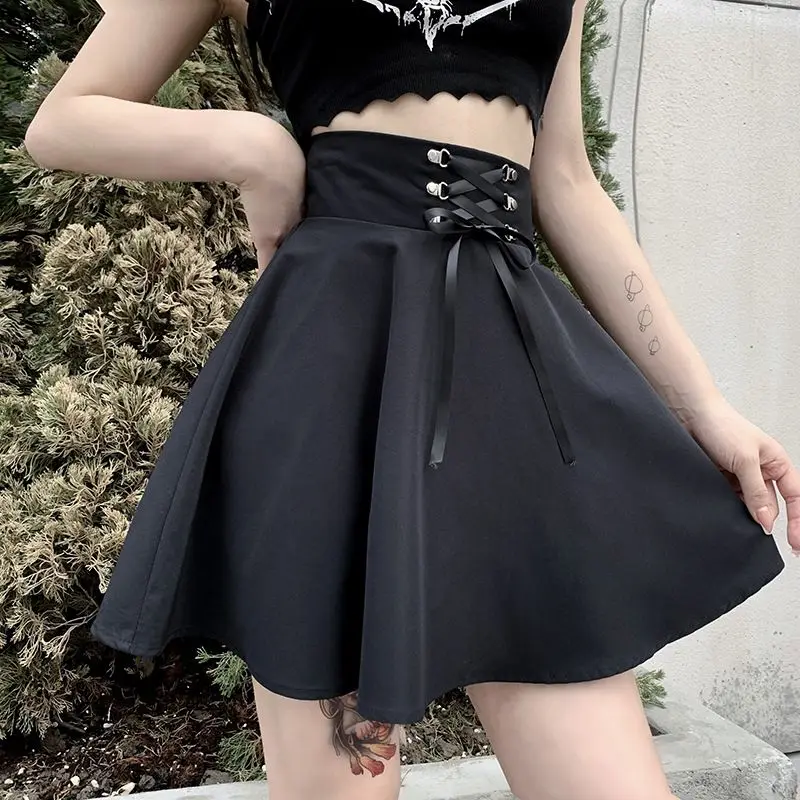 Women's Basic A Line Pleated Skirt Lace Up 2026 Flared Casual Mini Skater Skirt High Waist School Goth Punk Black Skirt Harajuku