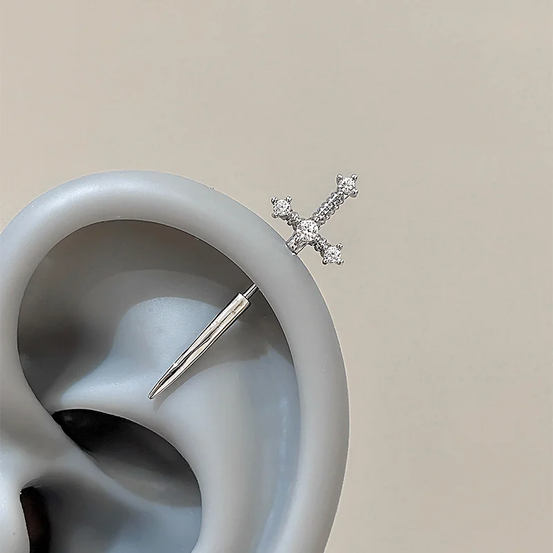 1pc Sword Shaped Rhinestone Cross Earrings for Women Men Punk Zircon Floating Helix Piercing Ear Cartilage Jewelry Couple Gifts