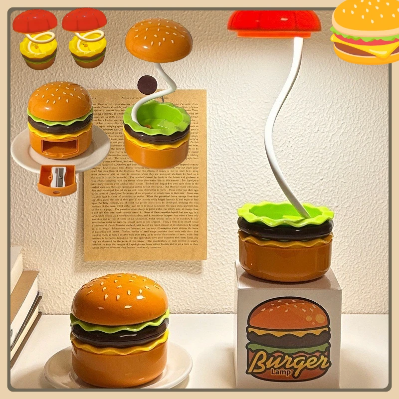 

Retro Cute Multi-Functional Burger Desk Lamp with Retractable Sharpenable Pencil Bedside Study Reading Light Portable Led Lamp