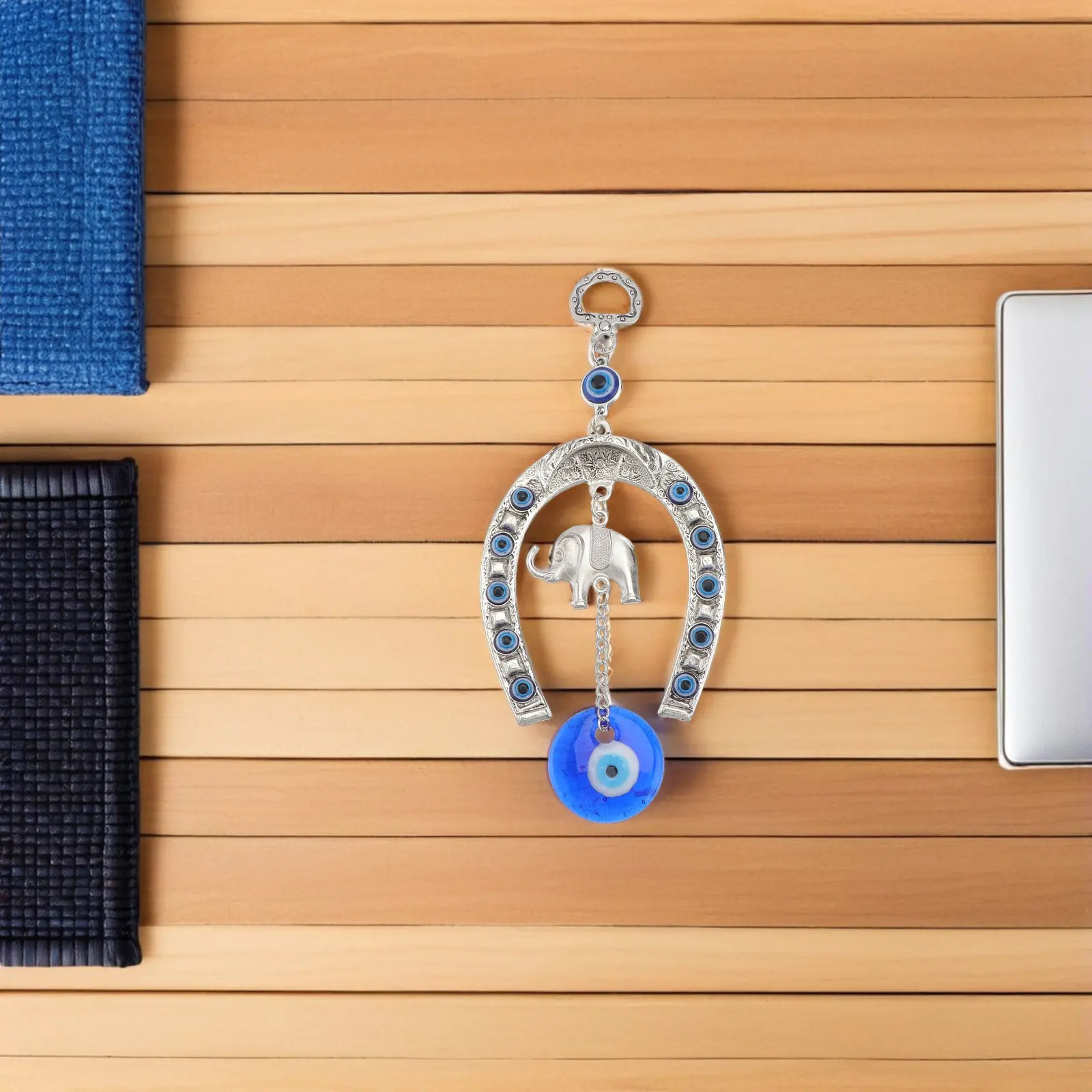 Premium Alloy Blue Eye Pendant with Elephant and Horseshoe Design Wall Hanging Decor for Luck Protection Home Interior Gift
