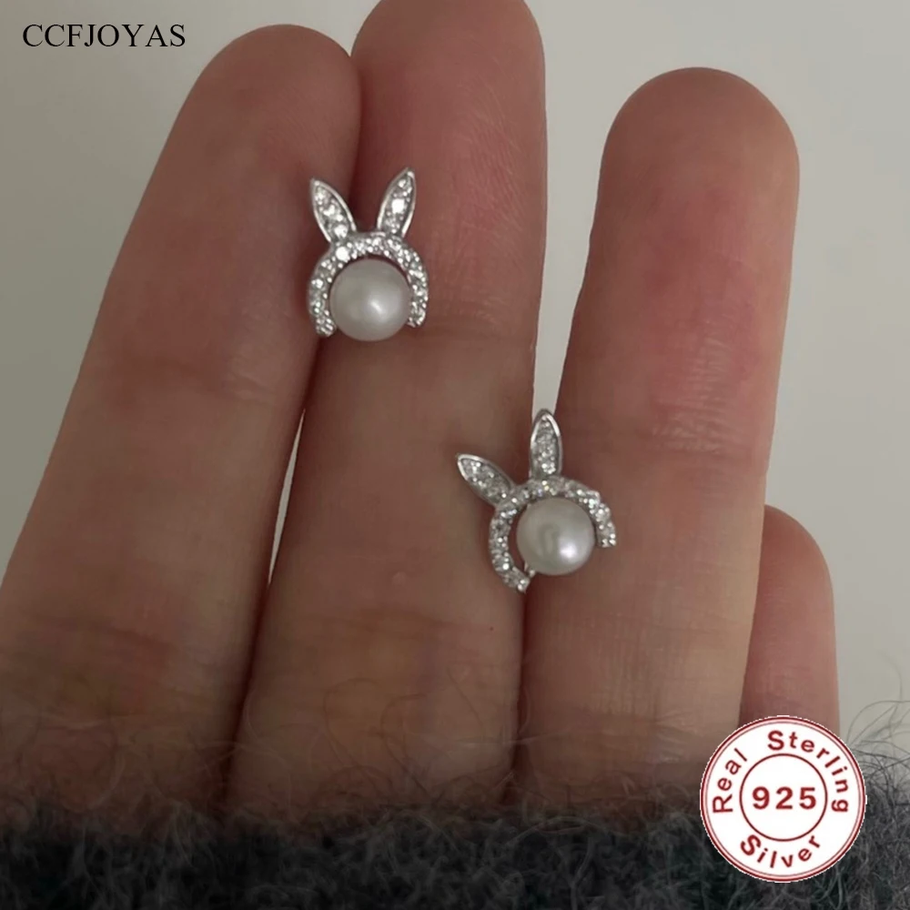 

CCFJOYAS Super Cute Bunny 925 Sterling Silver Pearl Zircon Stud Earrings for Girl Simple Earrings Women Fashion Jewelry Gift