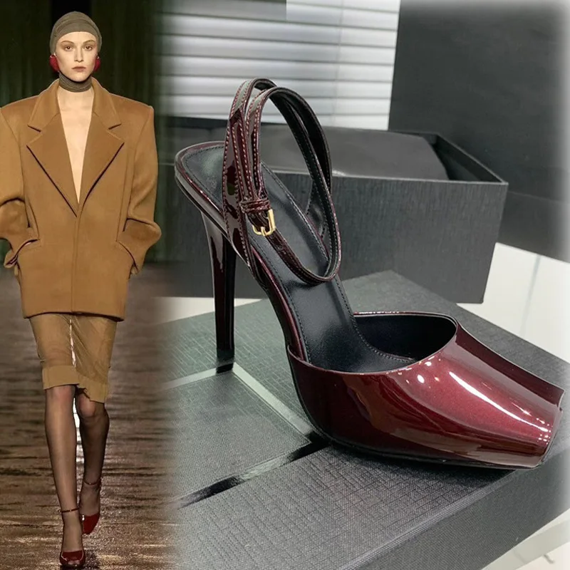 

Square Open Toe Single Strap Stiletto High Heels Catwalk Strap Buckle Patent Leather Sandals Large Size Non-Tiring Women Shoes