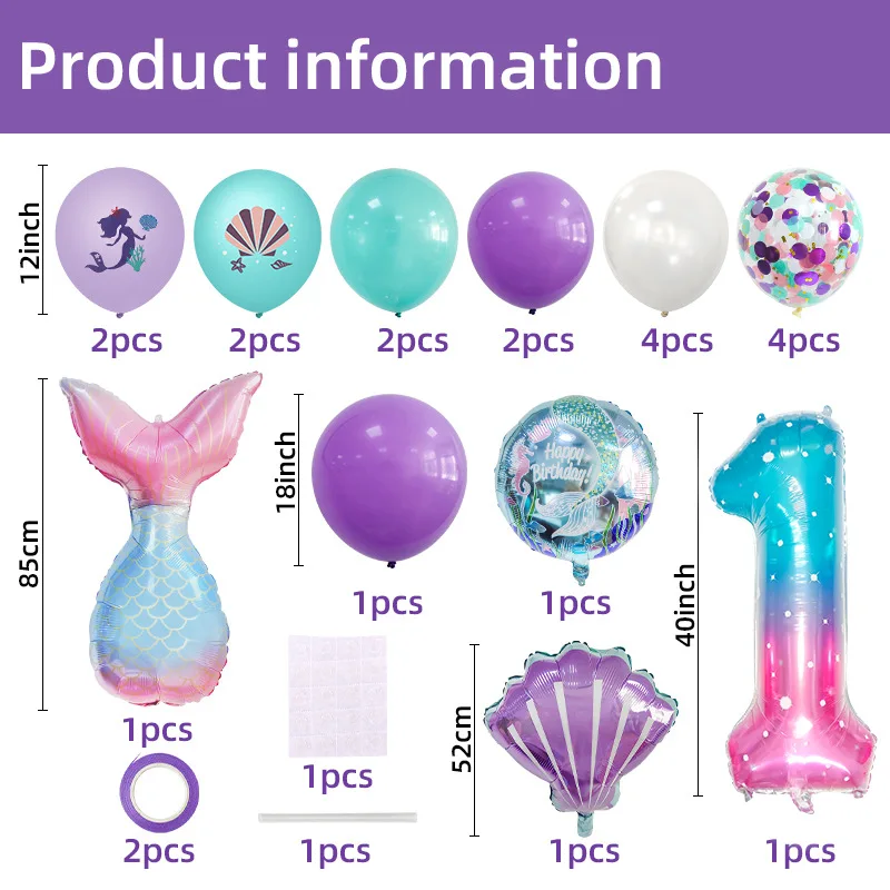 Mermaid theme balloon set starry sky number balloon column decoration baby birthday party balloon set mermaid tail balloon