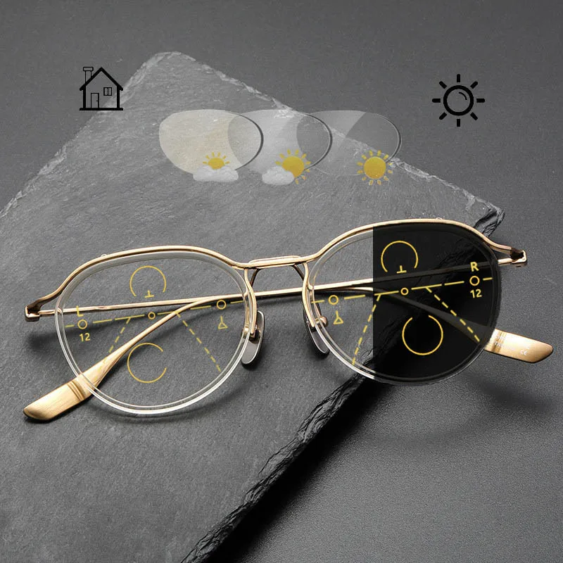 Photochromic Progressive Reading Glasses Titanium Eyebrow Transparent Frame Presbyopic Glasses Multifocal Progressive Lens 125