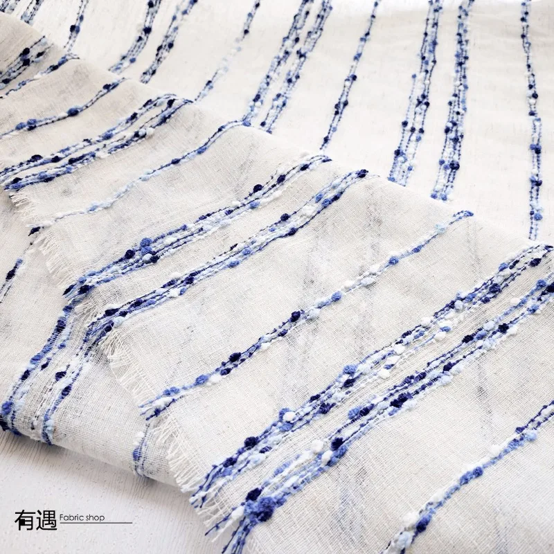 Blue White Particle Striped Cotton Linen Yarn Fabric Micro Transparent Sheer Dress Clothing Designer Cloth for Diy Sewing