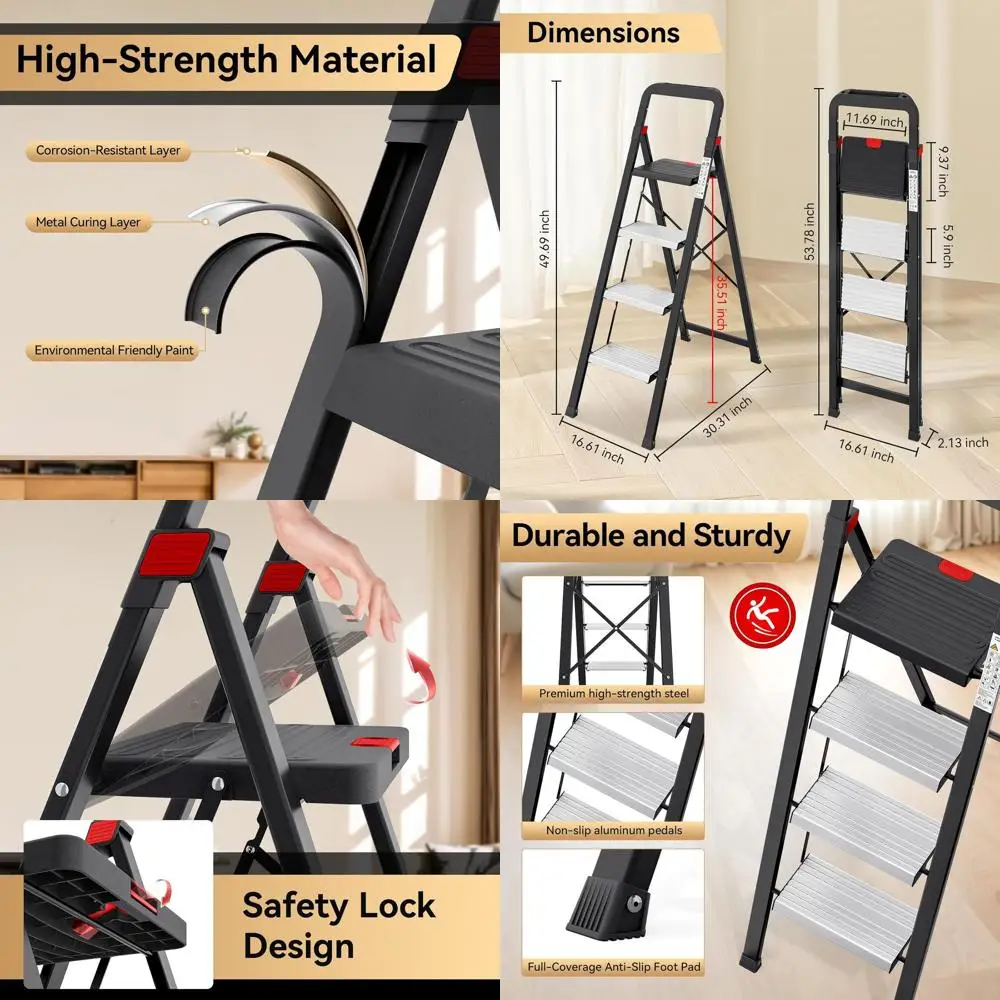 سلم محمول قابل للطي مع صينية أدوات، دواسات ألومنيوم غير قابلة للانزلاق، يدعم 800 رطل للمنزل والمطبخ واستخدام المرآب #1