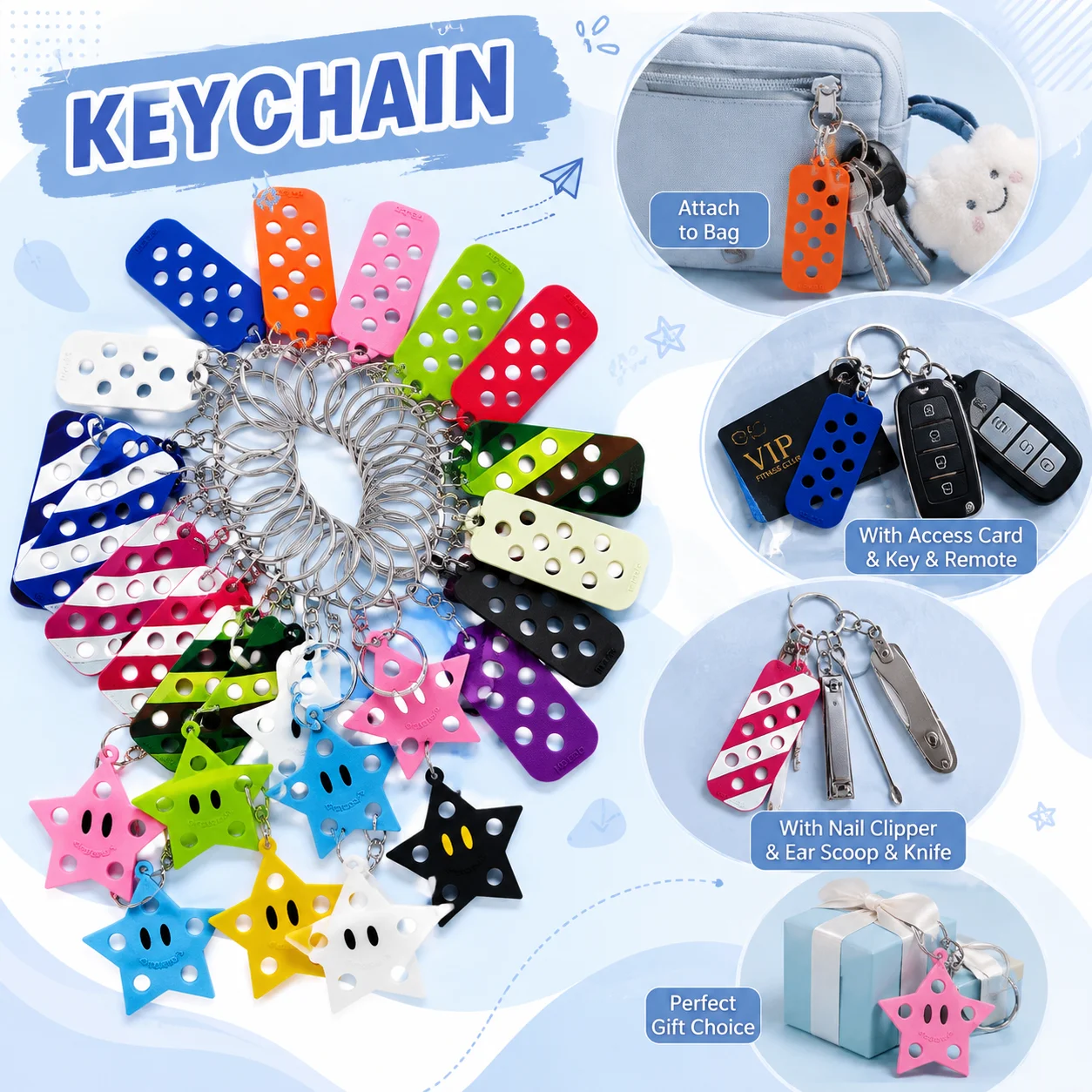Trends Colorful Soft Pentagram Keychain,Multi Decoration Rectangle Key Chain,1PCS Key Accessories Gift