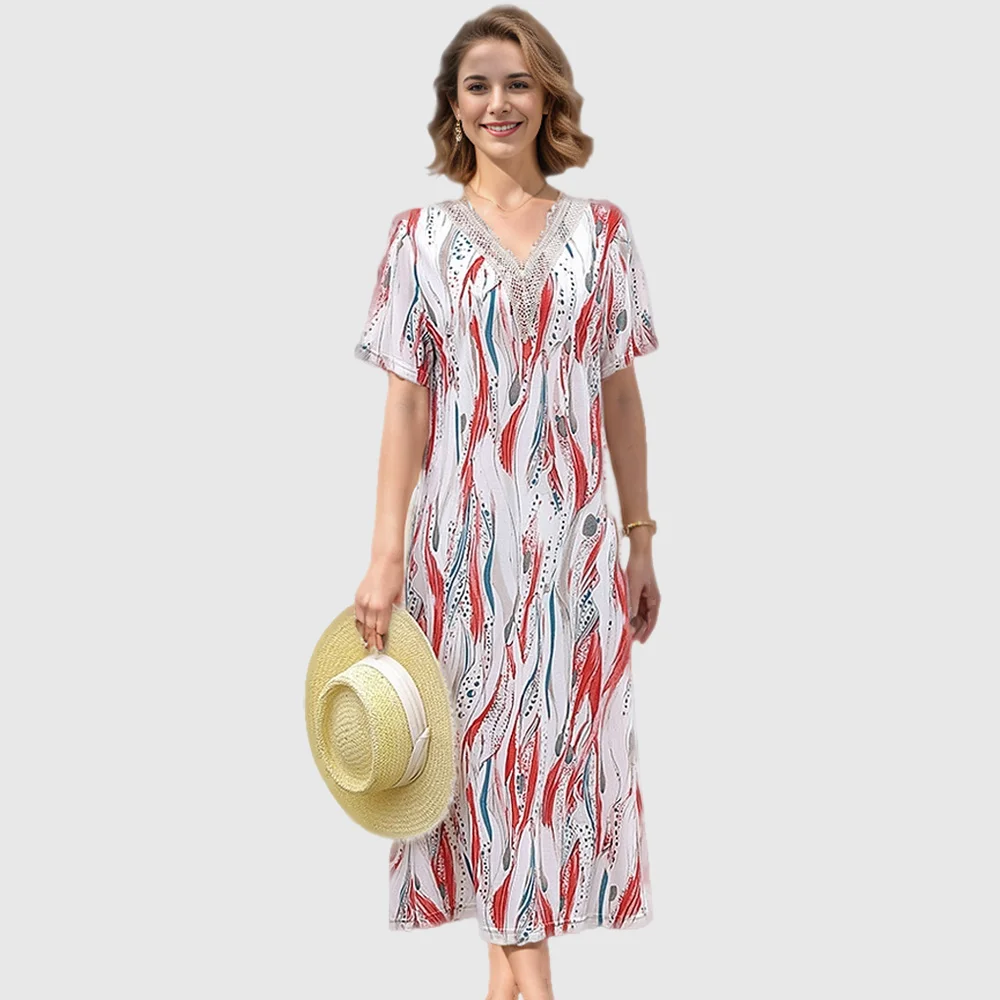 

Elegant Summer Dress Women 2024 Stylish Dresses for Plus Size V-Neck Short Sleeve Lange Jurken Flowing Pattern Vacation Outfits