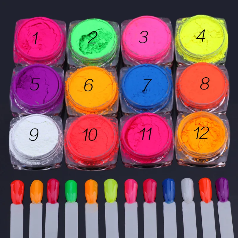 12-Colors/Set Neon Fluorescent Nail Art Powder Festival Rainbow Chrome Pigment DIY Eye Body Manicure Decor Glitter Dipping Dust