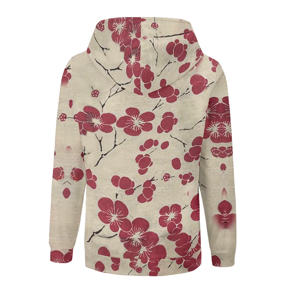 Women's Thick Hooded Jacket Sweatshirt, Vintage Flowers Printed Simple Pocket Zipper for Winter and Autumn, Outdoor Warmth