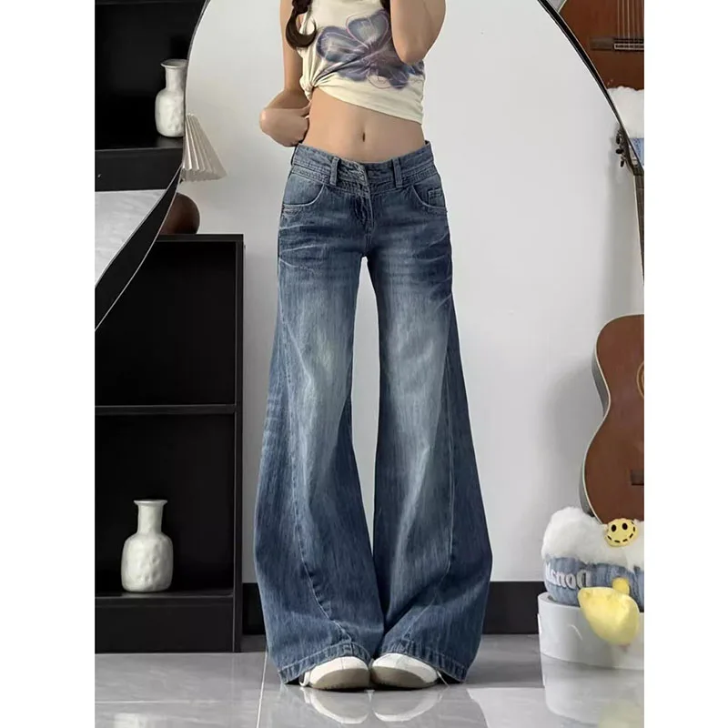 

Vintage Streetwear Y2k Low-waisted Jeans Women Spring Summer Slimming Loose-fit Wide Leg Trousers Lady Casual Washed Denim Pants