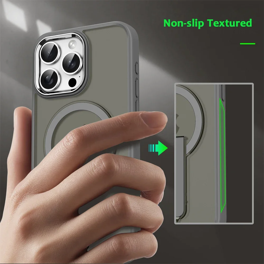 Luxury For Magsafe Folding Stand Magnetic Phone Case For iPhone 16 15 14 Plus 13 12 11 Pro Max Matte Translucent Back Cover Caps