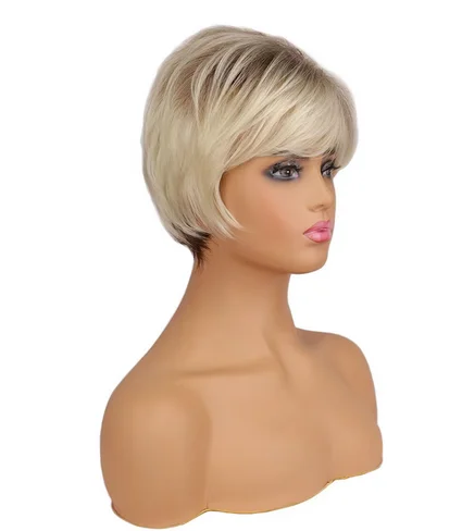 Short Blonde Wigs for White Women Layered Mixed Blonde Pixie Cut Wigs with Bangs Synthetic Short Hair Replacement Wigs