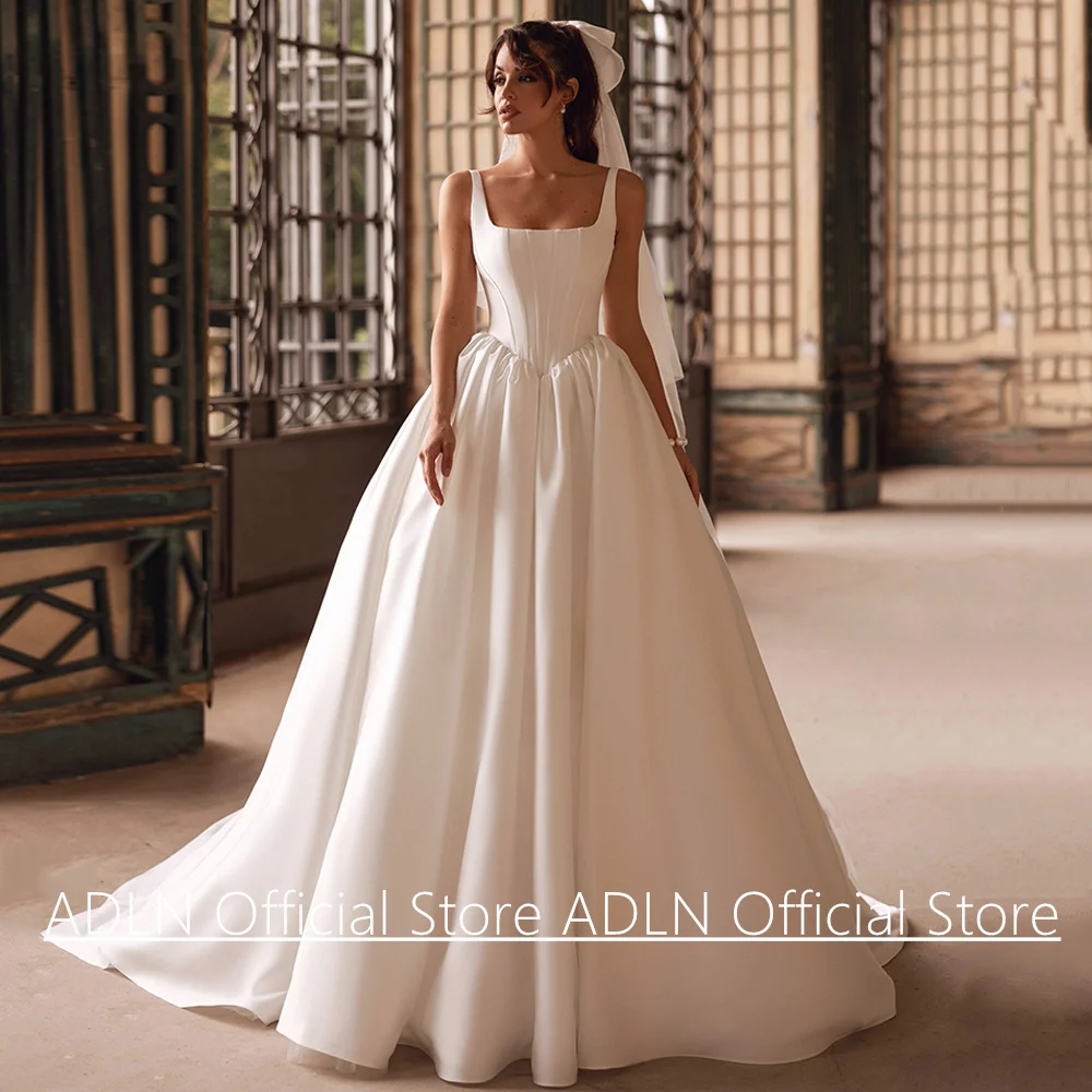 Gorgeous Satin Wedding Dress Customized Square Neck Sleeveless Back Zipper Sweep Train Vestido De Noiva Woman Bridal Gown