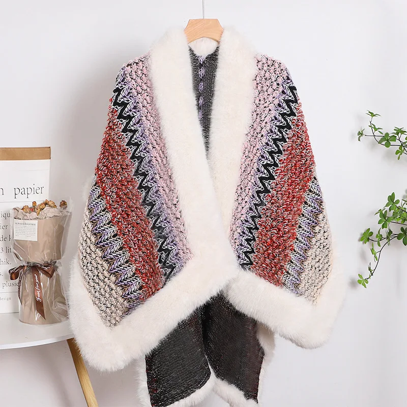 2024 Winter Faux Cashmere Poncho Loose-fitting Streetwear Women Long Sleeve Shawl Capes with Fur Female Knitted Scarf