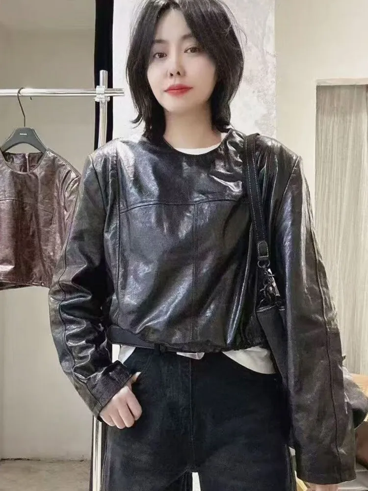 オフィス女性ラウンドネック本革ショートジャケットルーズソリッドカラーシープスキンジッパー長袖牛革アウター