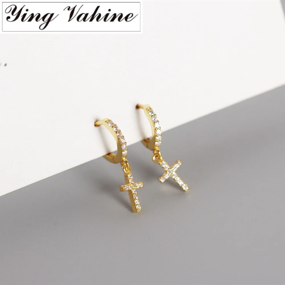 

ying Vahine Real 925 Sterling Silver Jewelry Sparkling and Shiny Zircons Cross Hoop Earrings for Women