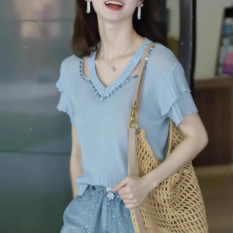 European Style Women Ice Silk Knit Top Summer Rhinestone Beaded V Neck Hollow Short Sleeve Slim Fit Elegant Blouse