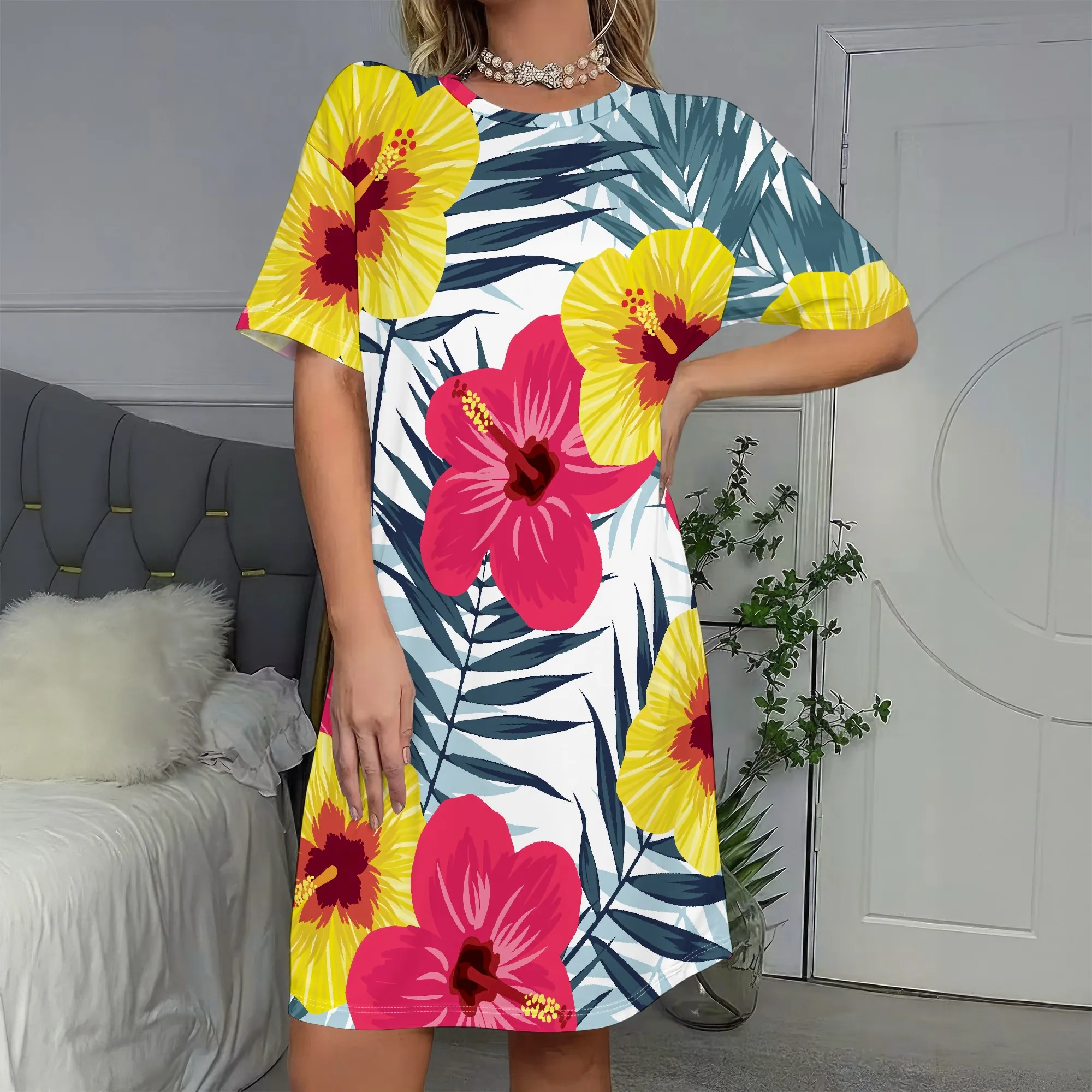 

Hibiscus Floral Dress, Tropical Print Dress, Short Sleeve A-Line Dress, Summer Beachwear, S-2XL