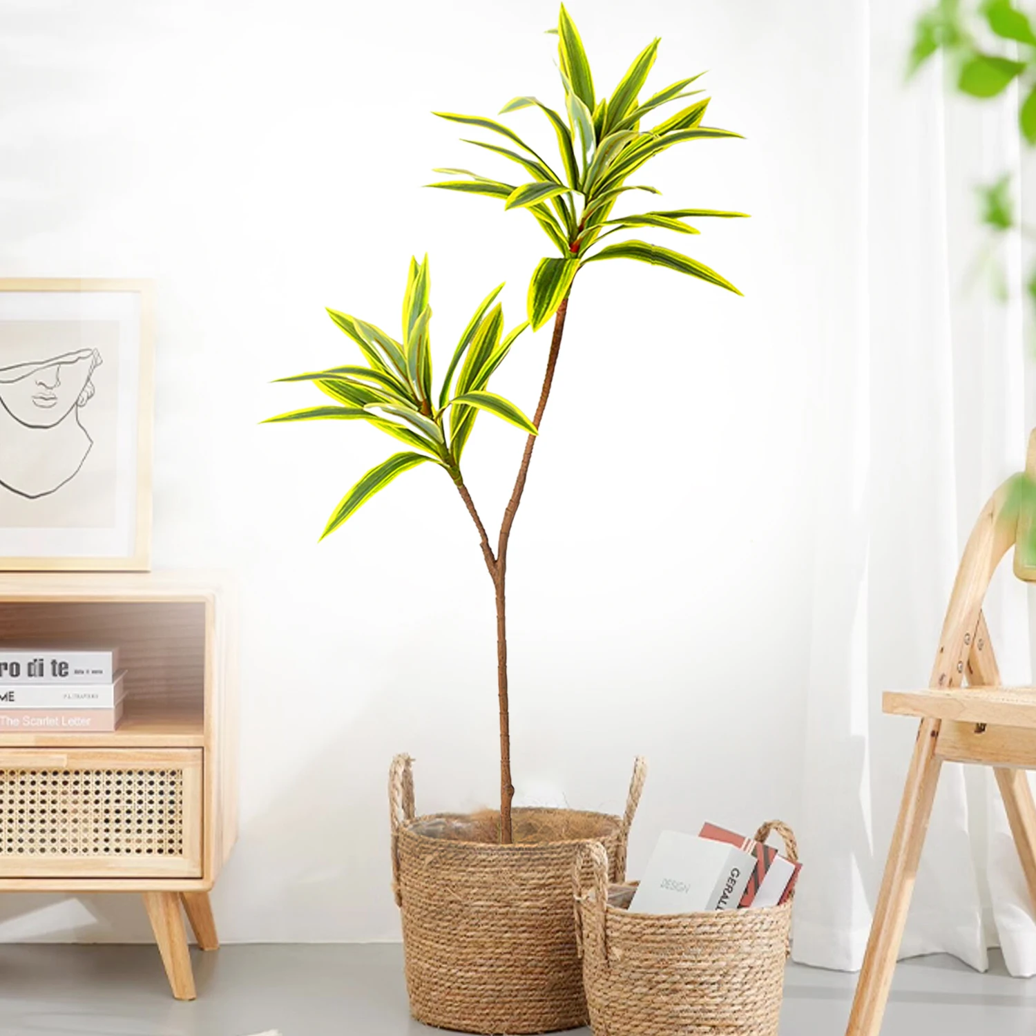 66-98cm Artificial Palm Tree Gold Edge Green Edge Plastic Bamboo Branch Tropical Potted Plant Desktop Plant Wall Decoration