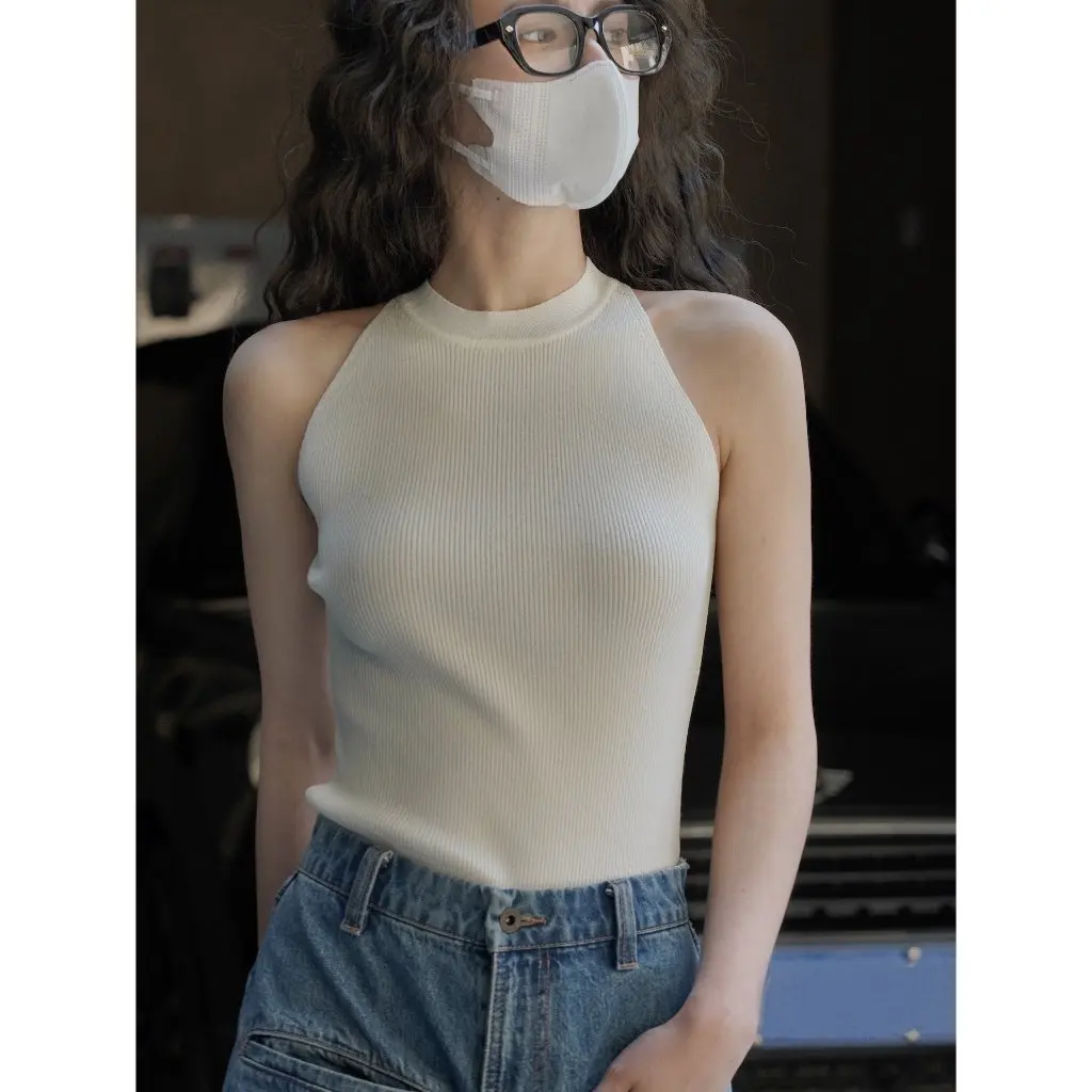 

Lu Fu Women's Korean Style Knitted I-Shaped Vest Halter Slim Fit Elastic Inner Wear Spring Summer Thin Comfortable Top