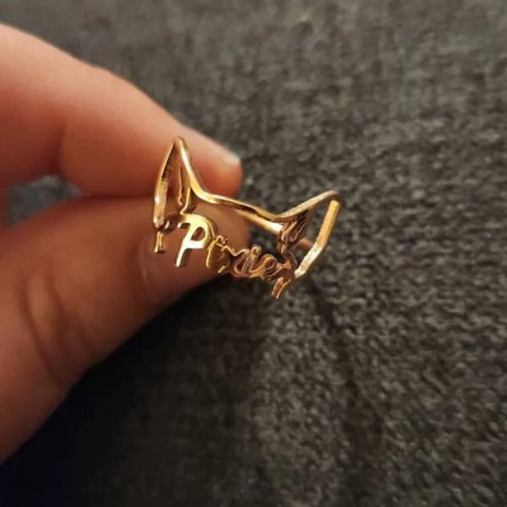 Anel personalizado com orelhas de gato e cachorro, banhado a ouro, aço inoxidável, nome de animal de estimação personalizado, anéis de arte, presentes