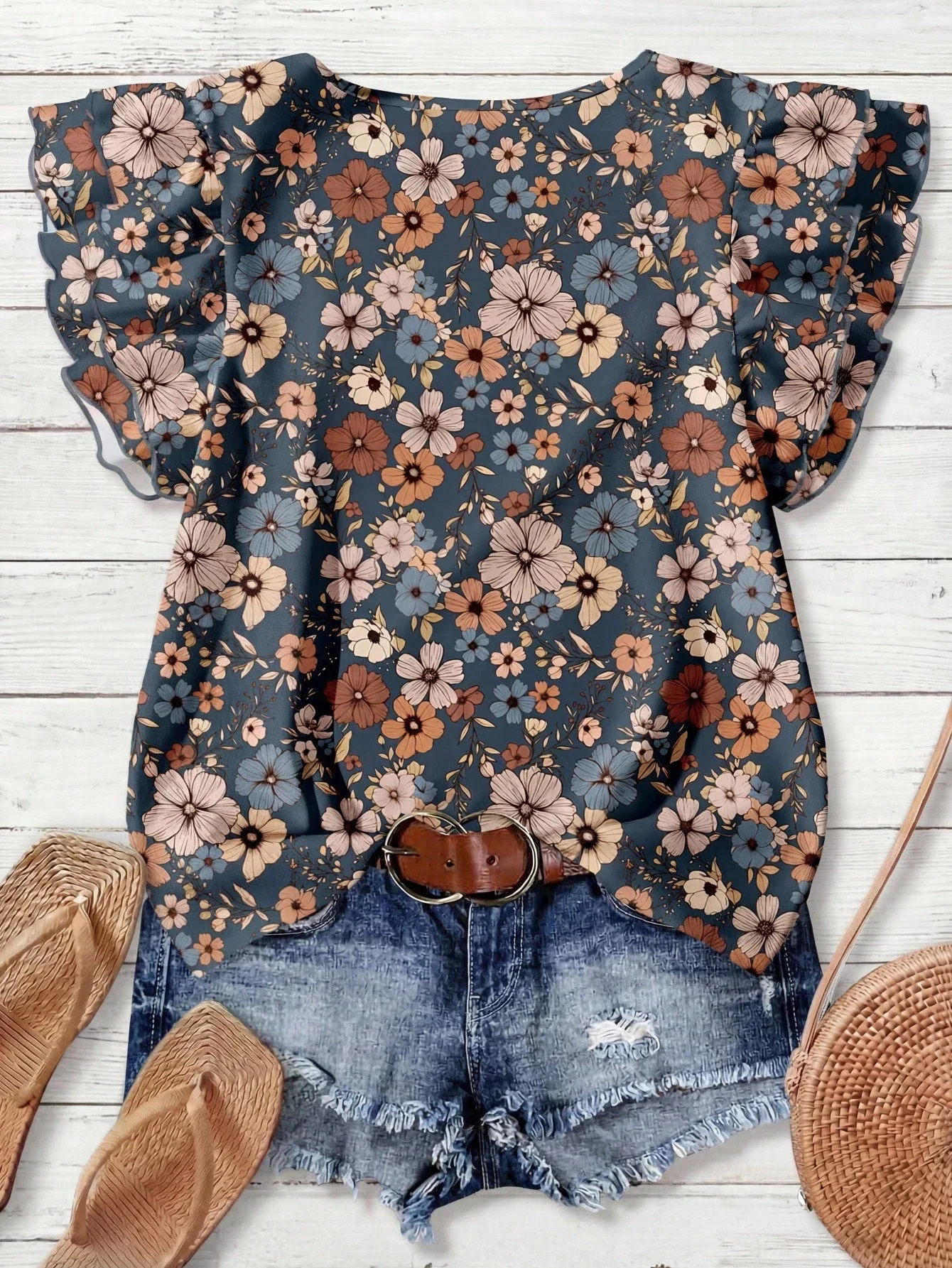 

Women's Casual V-Neck Cap Sleeve Loose Blouse Retro Floral Print