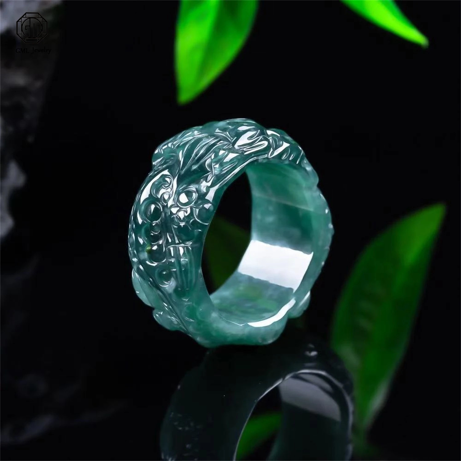 Natural Grade A Jadeite Blue Water Landscape Thumb Ring Ice Translucent Unisex Men Women Couple Gemstone Band Jewelry Gift view 5