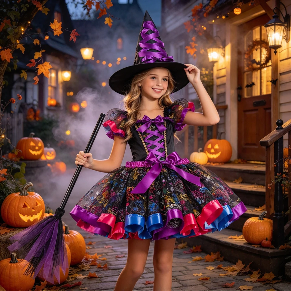 Tutu Witch Tulle Skirt Hat and Magic Broom Halloween Cosplay Fancy Girls Outfits Carnival Party School Stage Performance Costume