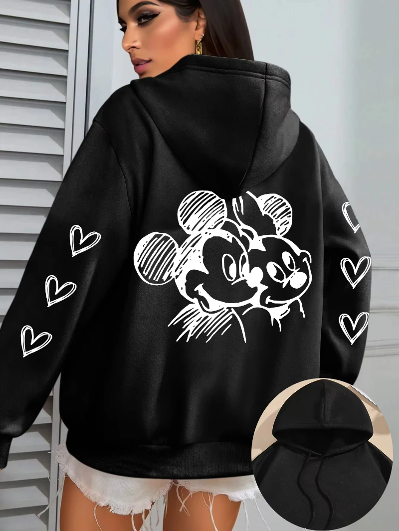 เสื้อฮู้ดดี้ผ้าฟลีซลายมินนี่มิกกี้เมาส์สำหรับผู้หญิงและผู้ชายจากดิสนีย์ เสื้อสเวตเชิ้ตแบบสวมหัวสำหรับฤดูใบไม้ร่วงและฤดูหนาว เสื้อโค้ทโอเวอร์ไซส์